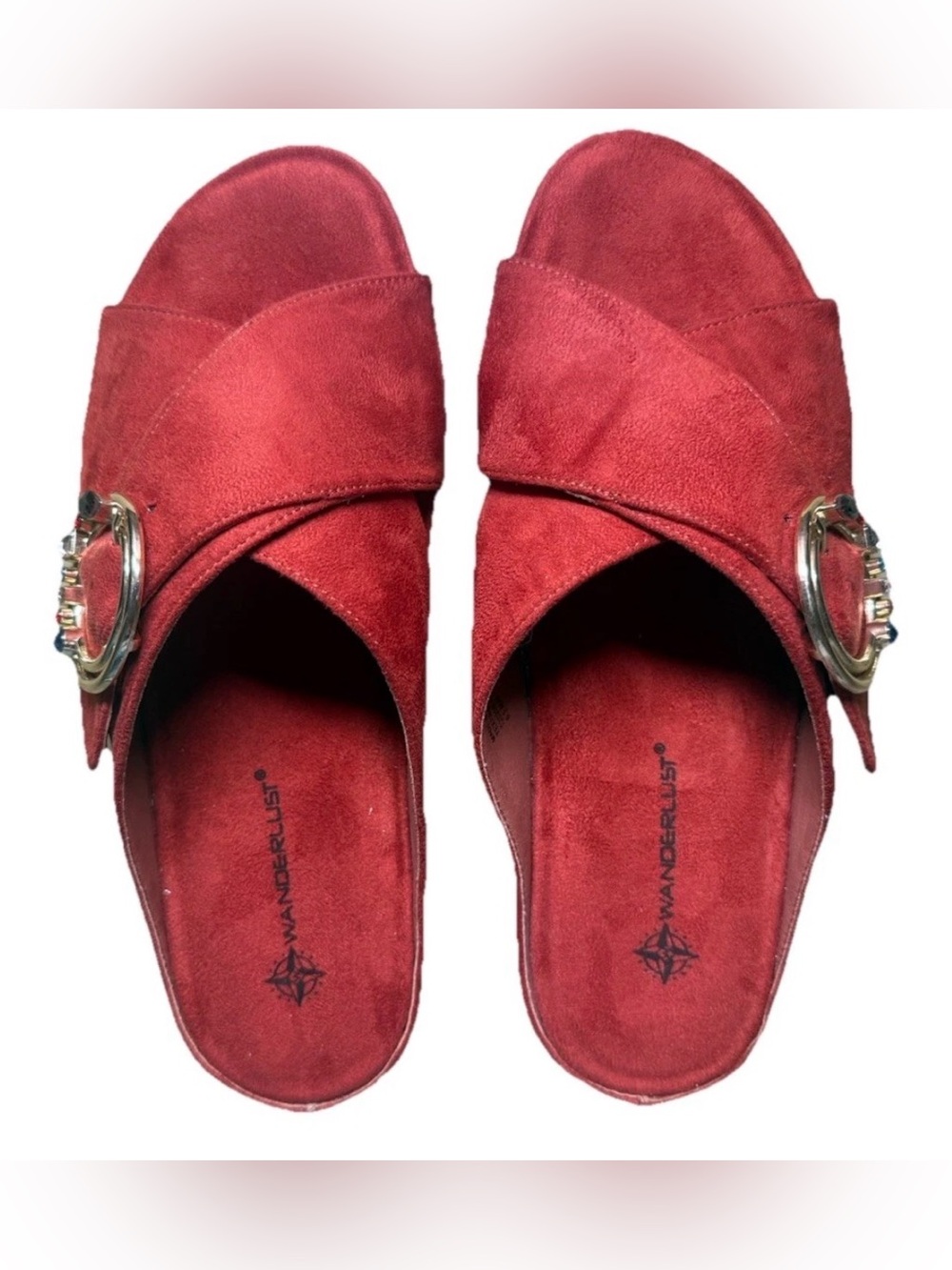 Wanderlust Red Suede Cross‑Strap Slide Mules with Gold Buckle